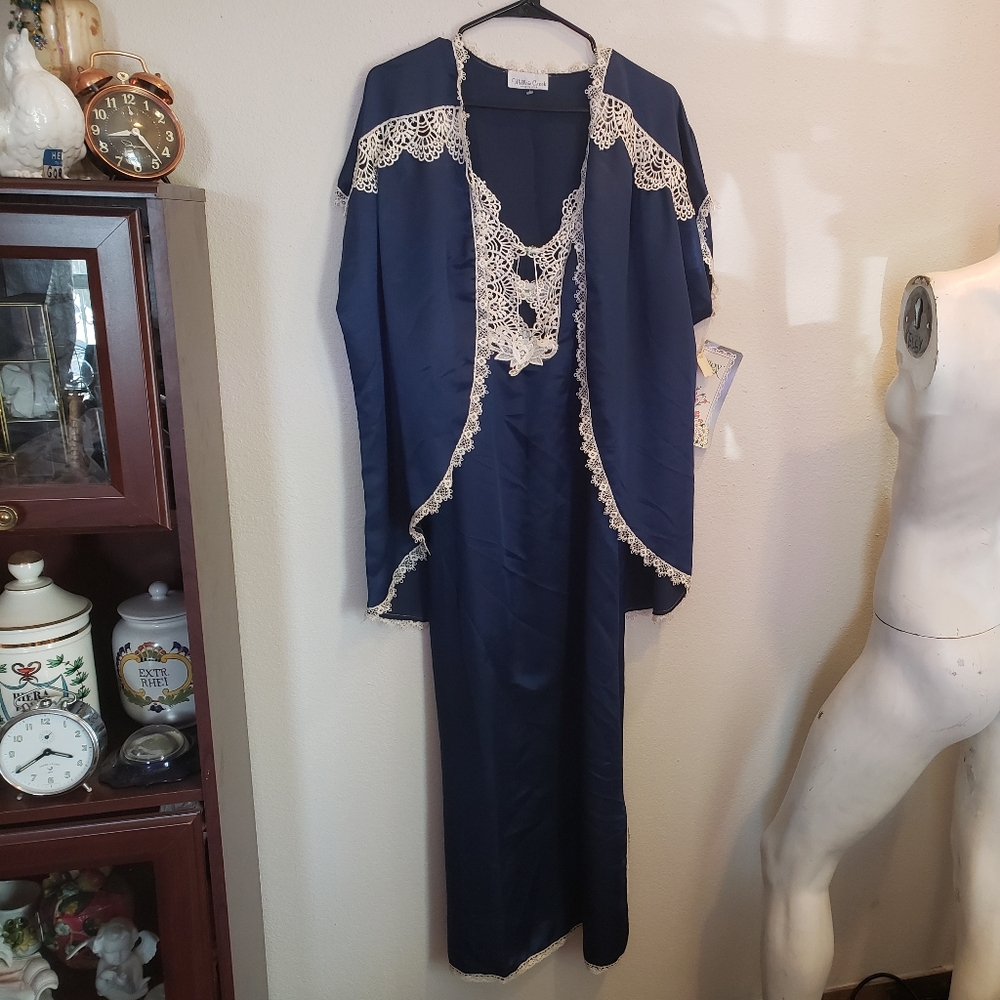 Vintage NOS peignoir set slip and robe cobalt blue NWT Willow Creek size S M